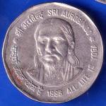 Republic India 1998 Bombay Mint All Life Is Yoga SRI Aurobindo 2 Rupee NOIDA MINT Coin ANH2722