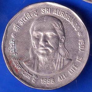Republic India 1998 Bombay Mint All Life Is Yoga SRI Aurobindo 2 Rupee NOIDA MINT Coin ANH2722