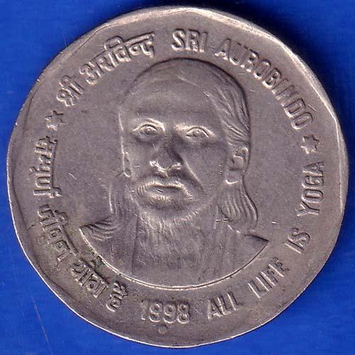 Republic India 1998 Noida Mint All Life Is Yoga SRI Aurobindo 2 Rupee Coin ANH279