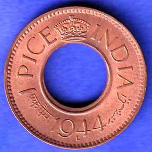British India 1944 Lahor mint One Pice copper coin  HSK587