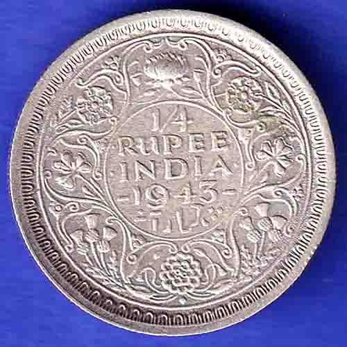 British India 1943 LAHORE MINT George Vi 1/4 Rupee Rare Silver coin HSK625