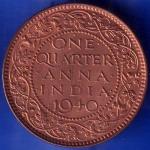 British India 1940 George VI King One Quarter Anna Copper Coin ANH1478
