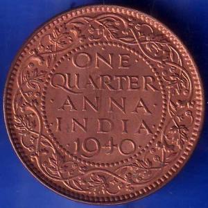 British India 1940 George VI King One Quarter Anna Copper Coin ANH1478