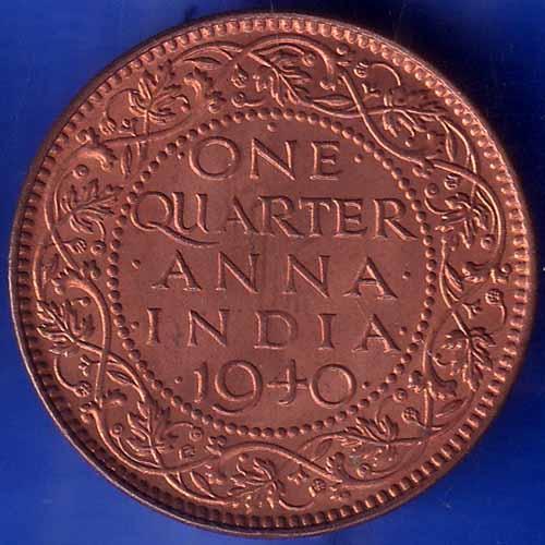 British India 1940 George VI King One Quarter Anna Copper Coin ANH1478