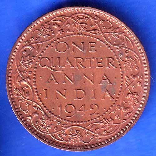 British India 1942 George VI King Emperor One Quarter Anna Copper Coin ANH2979