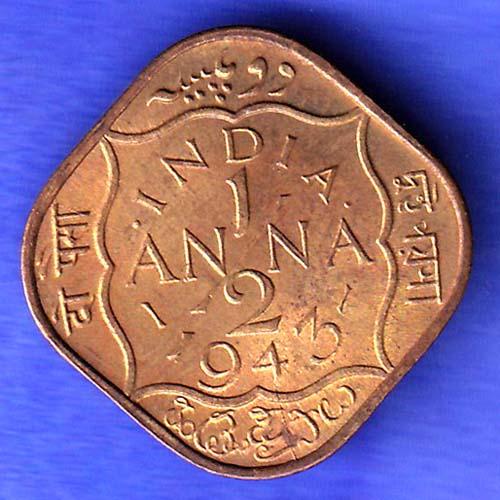 BRITISH INDIA 1943 GEORGE VI 1/2 ANNA RARE COIN HSK976