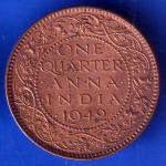 British India 1942 George VI King Emperor One Quarter Anna Coppr Coin ANH1326