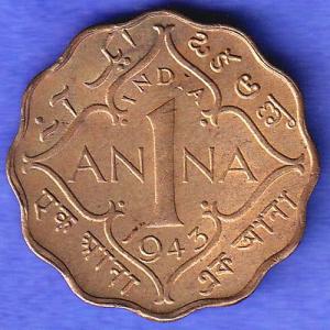 British India 1943 George Vi King One Anna Coin SK745