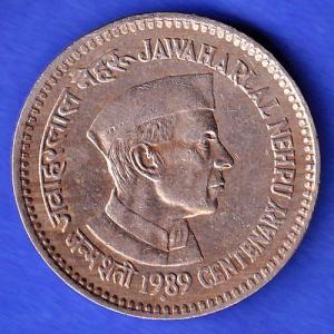 Republic India 1989 BOMBAY MINT Jawahar lal Nehru Centenary 5 Rupee Coin HSK182