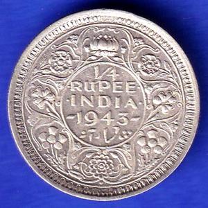British India 1943 LAHORE MINT George Vi 1/4 Rupee Rare Silver coin HSK487