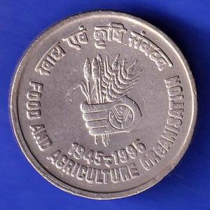 Republic Of India 1945-1995 Bombay Mint Food And Agriculture Organization 5 Rupee Coin HSK334