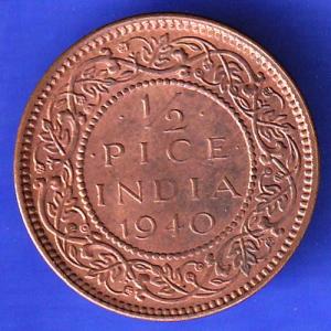 BRITISH INDIA 1940 1/2 PICE GEORGE VI COPPER COIN HSK388