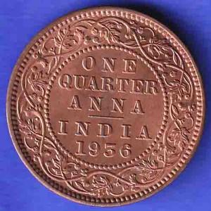 BRITISH INDIA 1936 GORGE V KING ONE QUARTER ANNA COPPER COIN HSK591