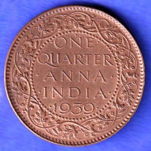 BRITISH INDIA 1939 GORGE VI KING ONE QUARTER ANNA COPPER COIN HSK738