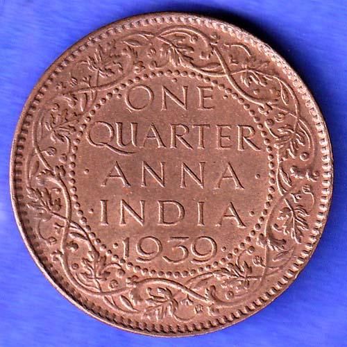 BRITISH INDIA 1939 GORGE VI KING ONE QUARTER ANNA COPPER COIN HSK738
