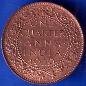 BRITISH INDIA 1939 GORGE VI KING ONE QUARTER ANNA COPPER COIN ANH1481