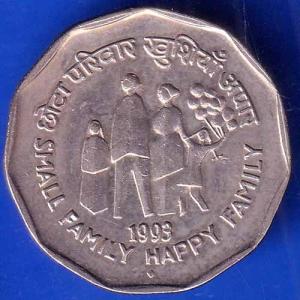 Republic India 1993 Small Family Happy Family 2 Rupee BOMBAY MINT Coin ANH2926