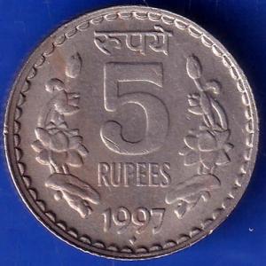 Republic India 1997 Bombay Mint Five Rupee Coin ANH730