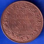 BRITISH INDIA 1939 GORGE VI KING ONE QUARTER ANNA COPPER COIN ANH1230