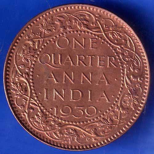 BRITISH INDIA 1939 GORGE VI KING ONE QUARTER ANNA COPPER COIN ANH1982
