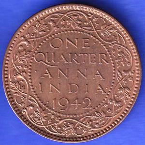 British India 1942 George VI King Emperor One Quarter Anna Copper Coin HSK336