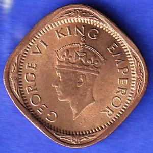 BRITISH INDIA 1944 GEORGE VI 1/2 ANNA COIN HSK435