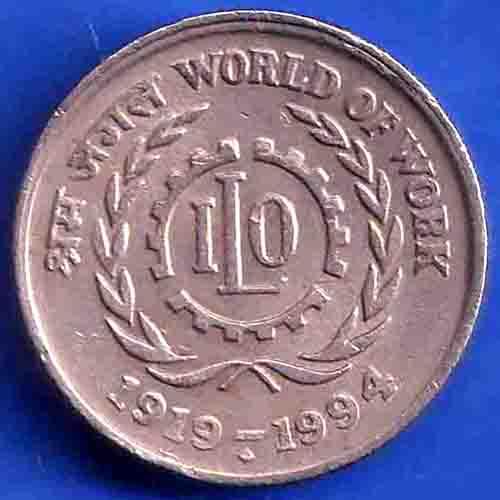 Republic India 1919-1994 World Of Work ILO Bombay Mint 5 Rupee Coin ANH3436