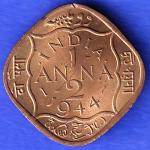 BRITISH INDIA 1944 GEORGE VI 1/2 ANNA COIN HSK435