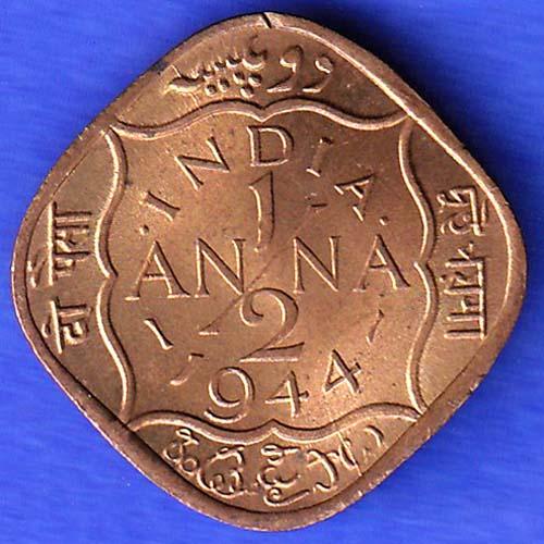 BRITISH INDIA 1944 GEORGE VI 1/2 ANNA COIN HSK435