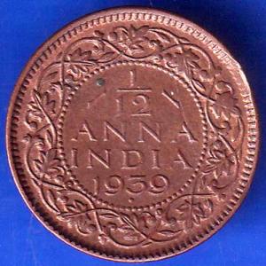 British India 1939 George Vi King Emperor 1/12 ANNA Coin ANH1838