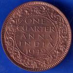 British India 1942 George VI King Emperor One Quarter Anna Copper Coin ANH1694