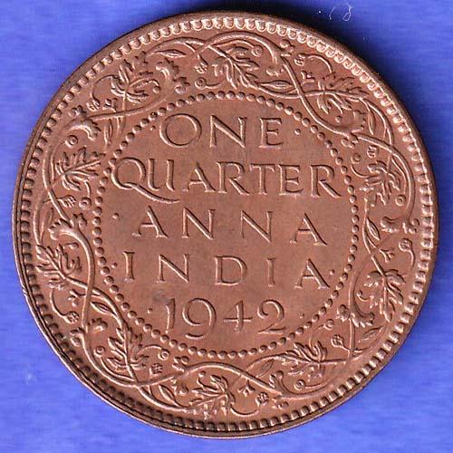 British India 1942 George VI King Emperor One Quarter Anna Copper Coin SK755