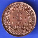 British India 1928 George V King 1/12 Anna Copper Coin ANH3153