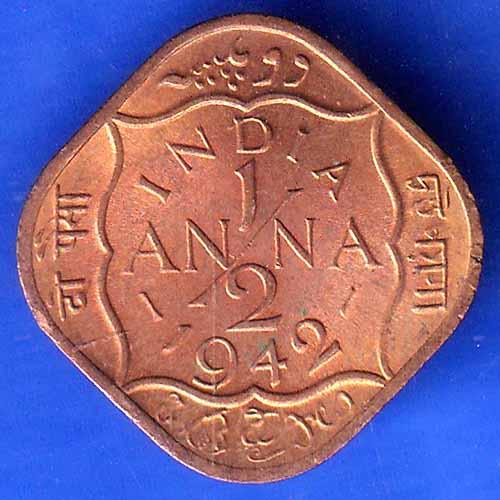 BRITISH INDIA 1942 GEORGE VI 1/2 ANNA RARE COIN HSK2