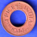 British India 1944 Lahor mint One Pice copper coin HSK302