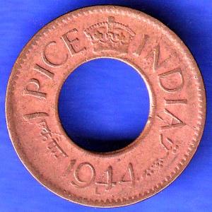 British India 1944 Lahor mint One Pice copper coin HSK302