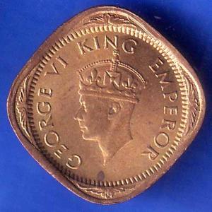 BRITISH INDIA 1944 GEORGE VI 1/2 ANNA COIN HSK 3