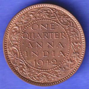 British India 1942 George VI King Emperor One Quarter Anna Copper Coin SK606