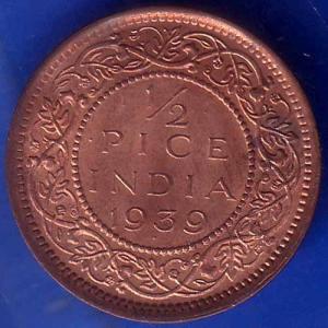 British India 1939 George Vi King Emperor Half Pice Coin ANH1091