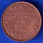 British India 1940 George VI King One Quarter Anna Copper Coin ANH1787