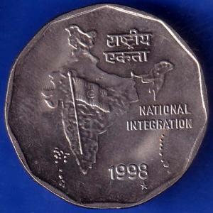Republic India 1998 Hyderabad Mint National Integration 2 Rupees Coin ANH648