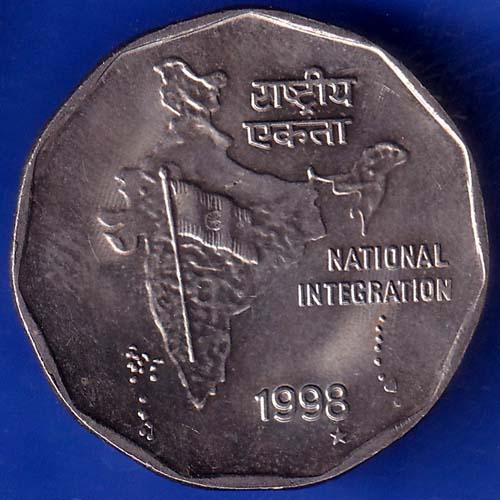 Republic India 1998 Hyderabad Mint National Integration 2 Rupees Coin ANH648
