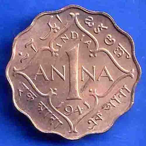 British India 1941 George VI Bombay Mint King One Anna Coin ANH3434