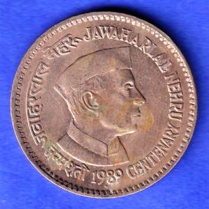 Republic India 1989 BOMBAY MINT Jawahar lal Nehru Centenary 5 Rupee Coin HSK496