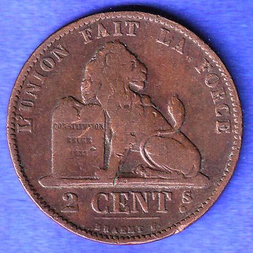 1876 Belgium 2 Centimes Coin HSK890