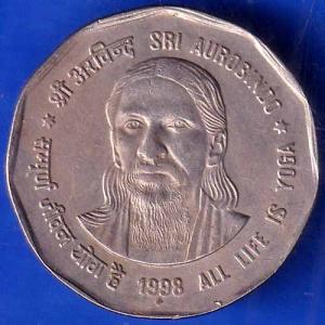 Republic India 1998 Bombay Mint  All Life Is Yoga SRI Aurobindo 2 Rupee Coin ANH1637