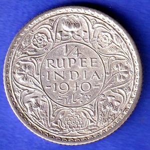 BRITISH INDIA 1940 george vi BOMBAY MINT 1/4 RUPEE SILVER COIN HSK247