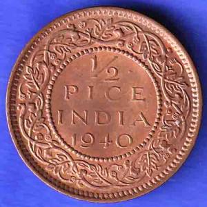 BRITISH INDIA 1940 1/2 PICE GEORGE VI COPPER COIN  HSK600