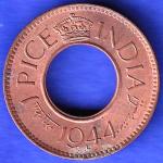 British India 1944 Lahor mint One Pice copper coin HSK548