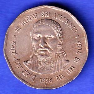 2 Rupee Coin 1998 BOMBAY MINT  Sri Aurobindo All Life Is Yoga HSK638